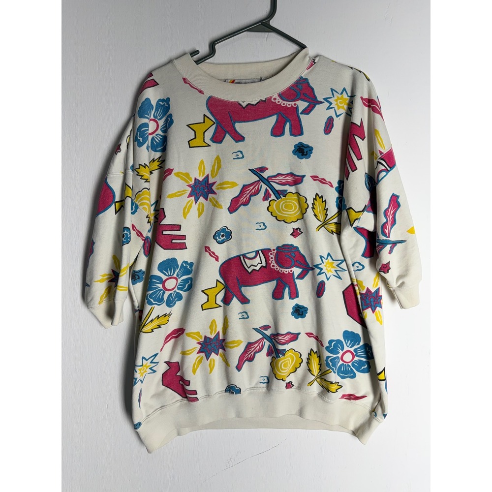 Vintage Chaus Elephant Floral Print Sweatshirt Oversized Cream Pink All Size